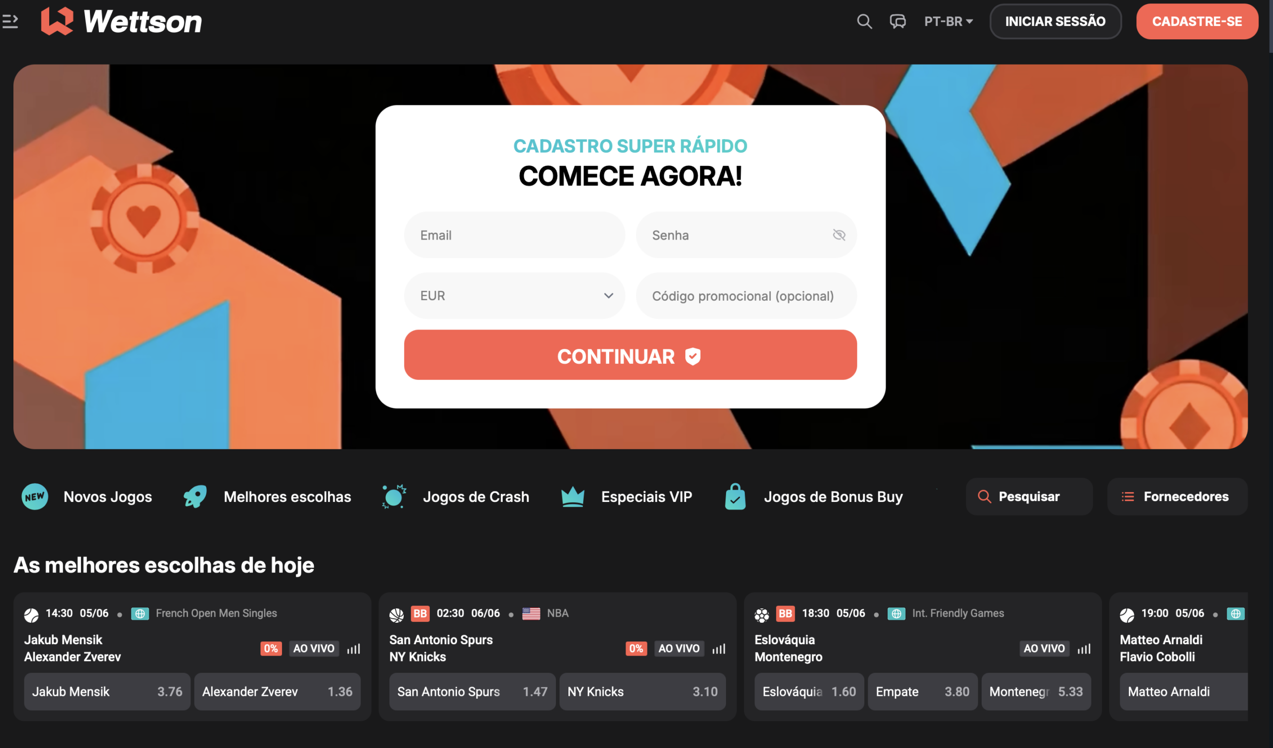 Wettson - 250% de Bônus até €4.000 e 13.000+ Jogos para Explorar num Cassino Online
